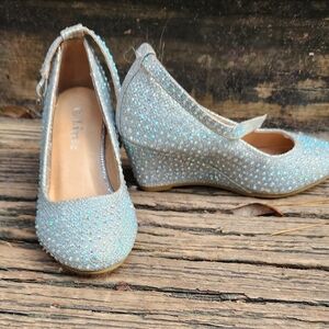 Link little girls iridescent stone closed toe wedge heels